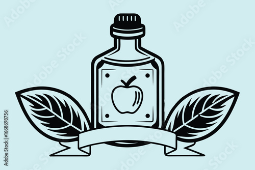 Apple cider vinegar bottle with leaves and banner black and white vector