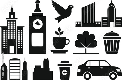 Black and white icons of city life nature and everyday objects in a pattern