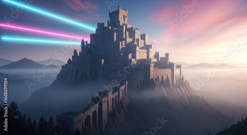 Ancient Castle on Misty Peak Illuminated by Futuristic Neon Beams at Twilight