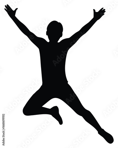 Silhouette of a joyous man jumping with arms raised in celebration