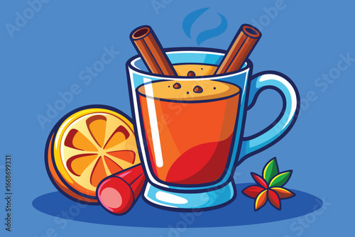 Cartoon illustration of mulled cider with cinnamon sticks and orange slice