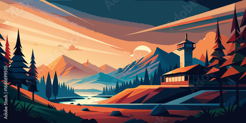 An evening landscape with the sun setting behind silhouetted mountains, a fiery orange sky painted with clouds