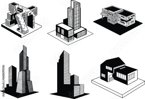 Modern architecture vector set, contemporary skyscrapers, futuristic towers, urban city skyline illustration, real estate construction design, modern houses, office buildings