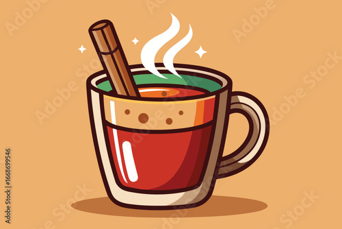 Cozy hot beverage with cinnamon stick steams invitingly, perfect for winter comfort and warmth.