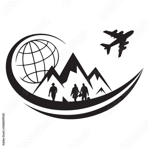 Adventure Travel Graphic Illustration – Globe, Airplane, Mountain, and Hiking Silhouette Design