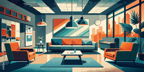 The empty, contemporary interiors of a modern office, stylish living room, and trendy cafe feature chic furniture and thoughtful design