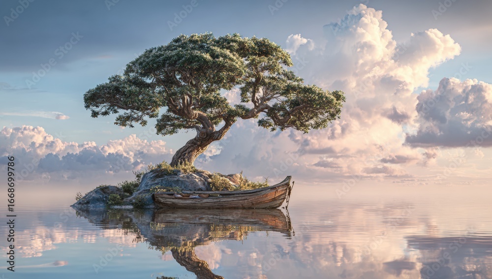 Fototapeta premium Tranquil island with a bonsai tree and small boat. Sunrise or sunset