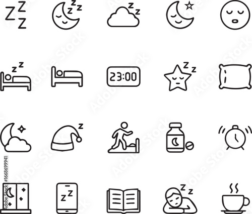 Sleep Vector Icon Set – Bedtime, Dream, Pillow, Moon, Relax Line Icons Pack