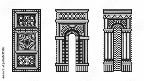 Illustration of three architectural structures with intricate designs and geometric patterns in grayscale |  editable eps vectors silhouette