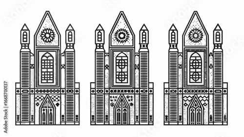 Three detailed black and white line drawings of gothic style buildings with intricate designs and textures |  editable eps vectors silhouette