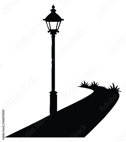 Silhouette of a vintage street lamp and winding path on white background