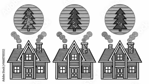 Three houses with smoke rising from chimneys and tree icons in circles above them in black and white |  editable eps vectors silhouette