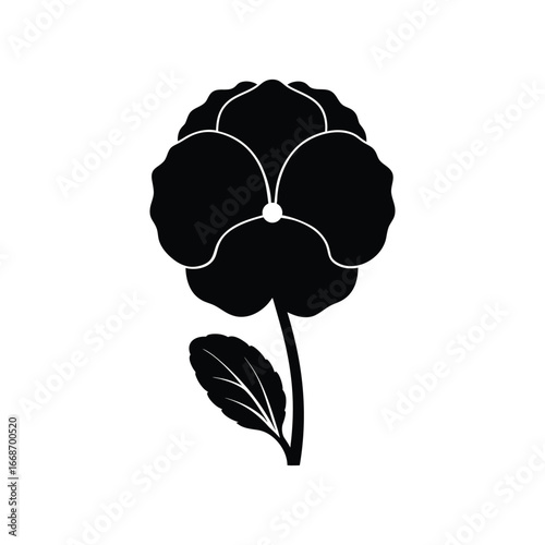 Pansy Flower Silhouette – Black and White Vector Illustration of Elegant Floral Design with Leaf