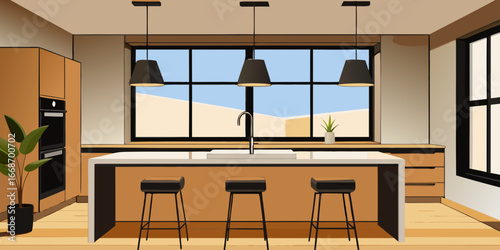 A modern living room with a fireplace and large windows showcasing a cozy, contemporary interior design