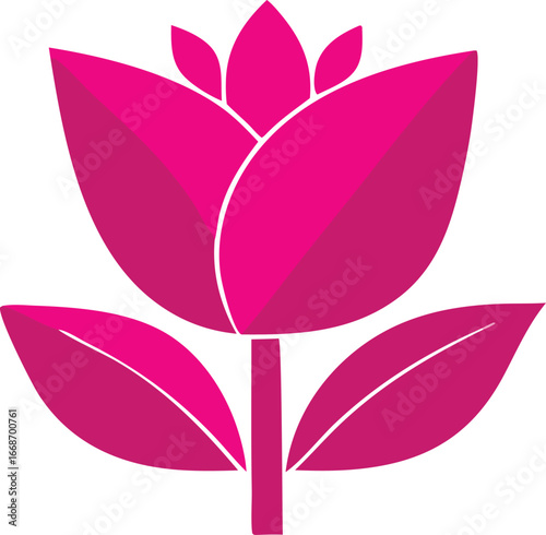 Vibrant pink tulip flower graphic with green stem and leaves stylized floral art symbol
