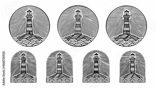 Collection of seven lighthouse illustrations with radiating lines in circular and arched shapes design |  editable eps vectors silhouette