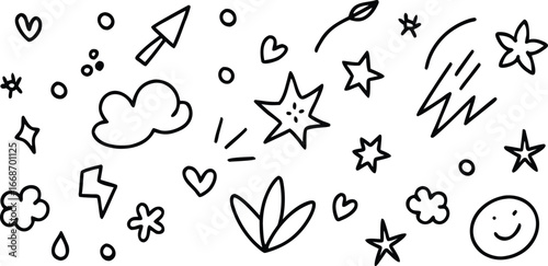 Hand-Drawn Doodle Set Cute Stars, Hearts, Clouds, and More