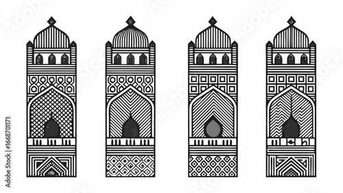 Four stylized minarets with intricate geometric patterns in black and white illustration style design |  editable eps vectors silhouette