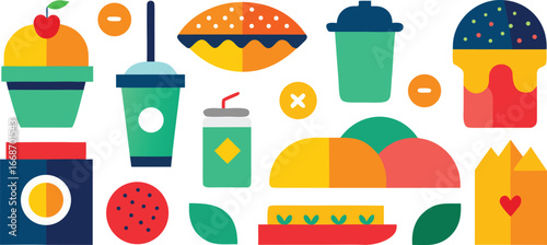 Colorful Fast Food Icon Set in Flat Silhouette Style