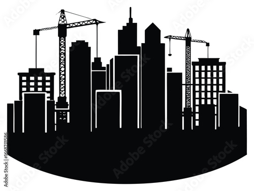 Silhouette of modern city skyline with construction cranes at sunset