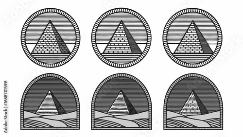 Six pyramids in diverse styles with circular and arched borders in a repeating pattern design style |  editable eps vectors silhouette