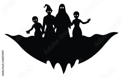 Silhouette of Ghosts Floating on Bat Wing Shape Halloween Graphic Design
