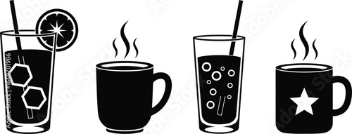 Black and white vector illustration of drinks and beverages