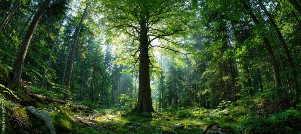 Obraz premium Sunlit forest path, centered on a large tree, surrounded by lush greenery and mossy rocks