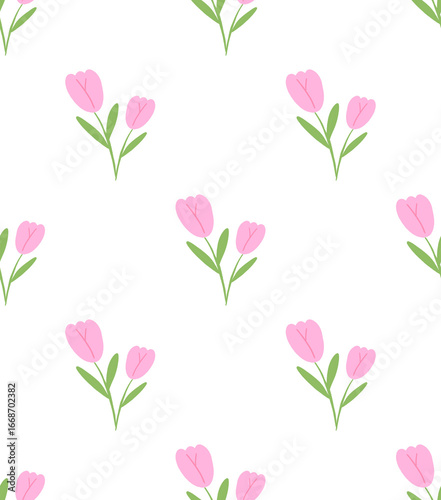 Wallpaper Mural Seamless pattern of pink tulip flowers with green leaves on a white background. Elegant and fresh design for textiles, stationery, and spring themes. Torontodigital.ca