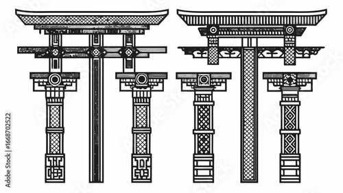 Illustration of four japanese torii gates with intricate designs and varying heights in black and white style |  editable eps vectors silhouette