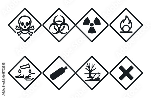Collection of hazard warning symbols featuring toxic and flammable icons