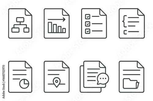 Set of 8 minimalist document icons on dark background