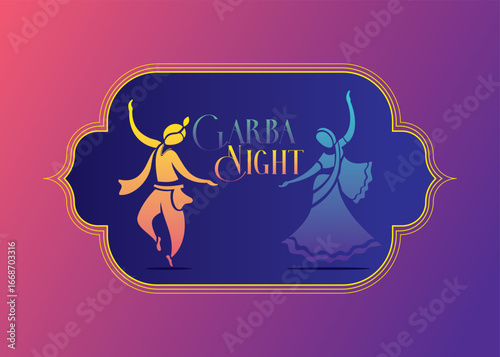 creative Navratri Graba Night poster design, Indian couple playing Garba.