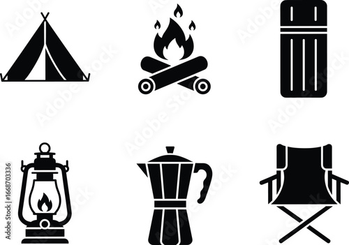 Flat vector illustration of camping gear icons, tent, campfire, sleeping bag, lantern, coffee pot, folding chair, outdoor adventure, camping essentials.