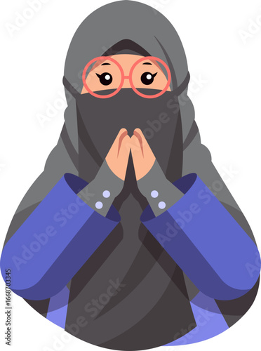 Cartoon illustration of a Muslim woman wearing a niqab and glasses, with hands clasped in a respectful gesture.