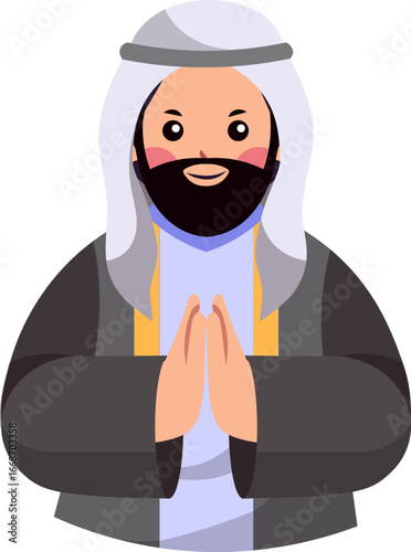 Cartoon illustration of an Arab man in traditional white headwear and dark robe, respectfully clasping his hands.