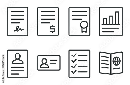 Business document icons: contracts, finance, identity, and reports on dark background