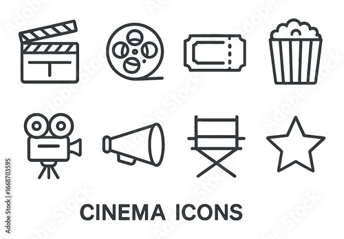 Cinema icons collection: clapperboard, film reel, ticket, popcorn, camera, megaphone, chair, star
