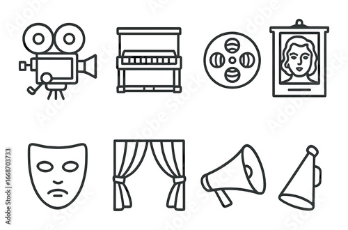 Cinema icons: vintage camera, film reel, theater mask, megaphone, stage curtain