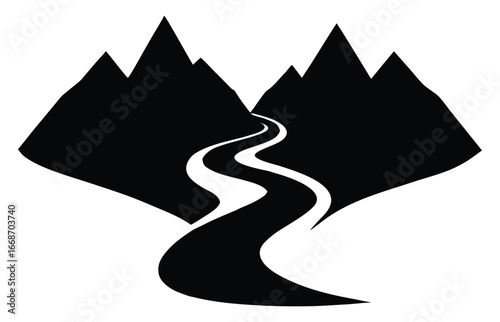 Abstract mountains with winding road leading to the peaks in black and white