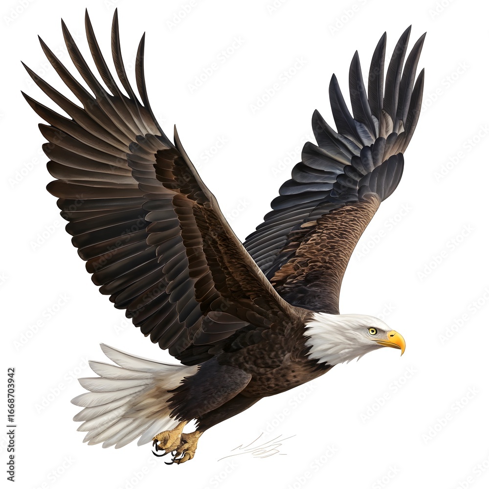 Obraz premium Bald eagle soaring with wings spread isolated on white background