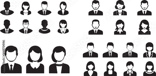 Black icon set of male and female business person avatars on a white background, a simple flat vector illustration style. eps