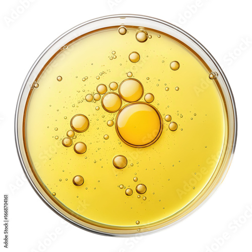Drop of yellow oil swatch texture in petri dish macro with bubbles cosmetics for skincare product photography close-up image oil texture macro shot transparent background image