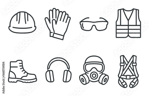 Essential safety gear icons: gloves, glasses, vest, helmet, boots, headphones, mask, harness
