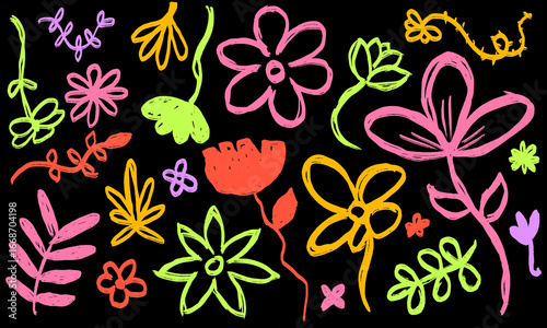 Set of colorful neon flower doodles on a black background. Vibrant hand drawn floral elements in a bright, chalk or crayon texture style for fun, retro-themed designs.