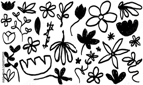 Collection of monochrome botanical sketches. Hand drawn floral and leaf elements in a simple, artistic doodle style. Isolated vector graphics for nature-themed designs.