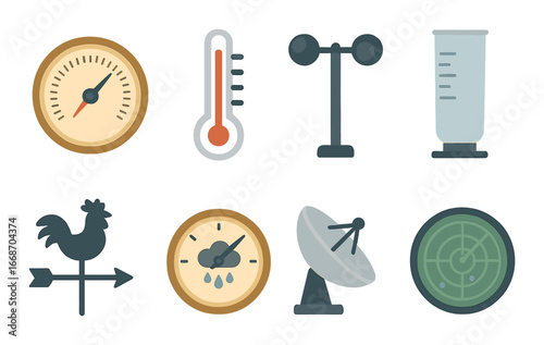 Weather instruments icons collection featuring thermometer rain gauge and wind vane
