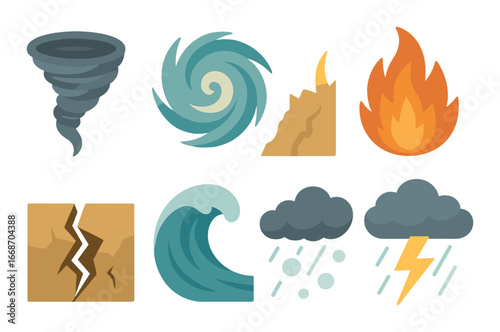 Natural disaster icons: tornado, hurricane, earthquake, fire, tsunami, storm