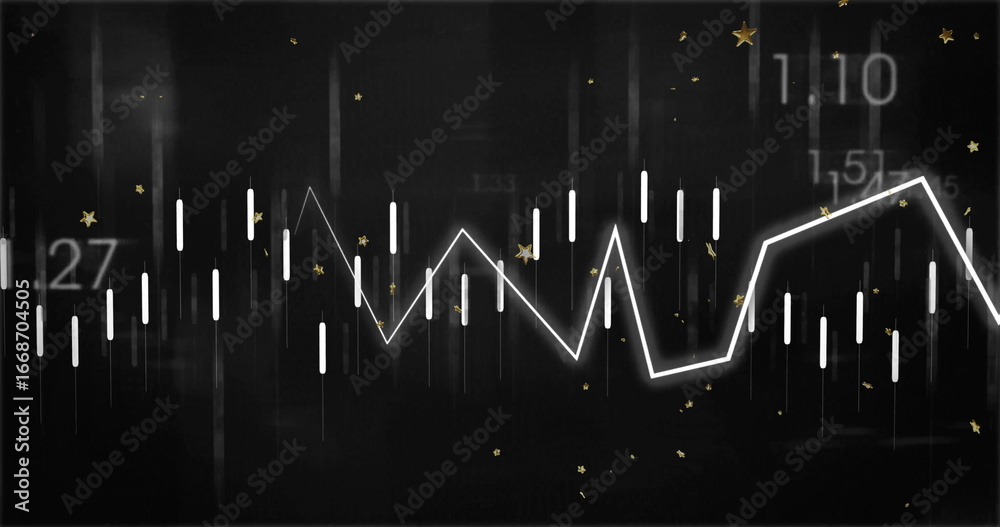 Fototapeta premium Displaying white zigzag trend line on dark dashboard with candlestick bars, figures and gold stars