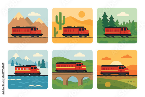 Red train journey through diverse landscapes: mountains, desert, forest, river, bridge, sunset